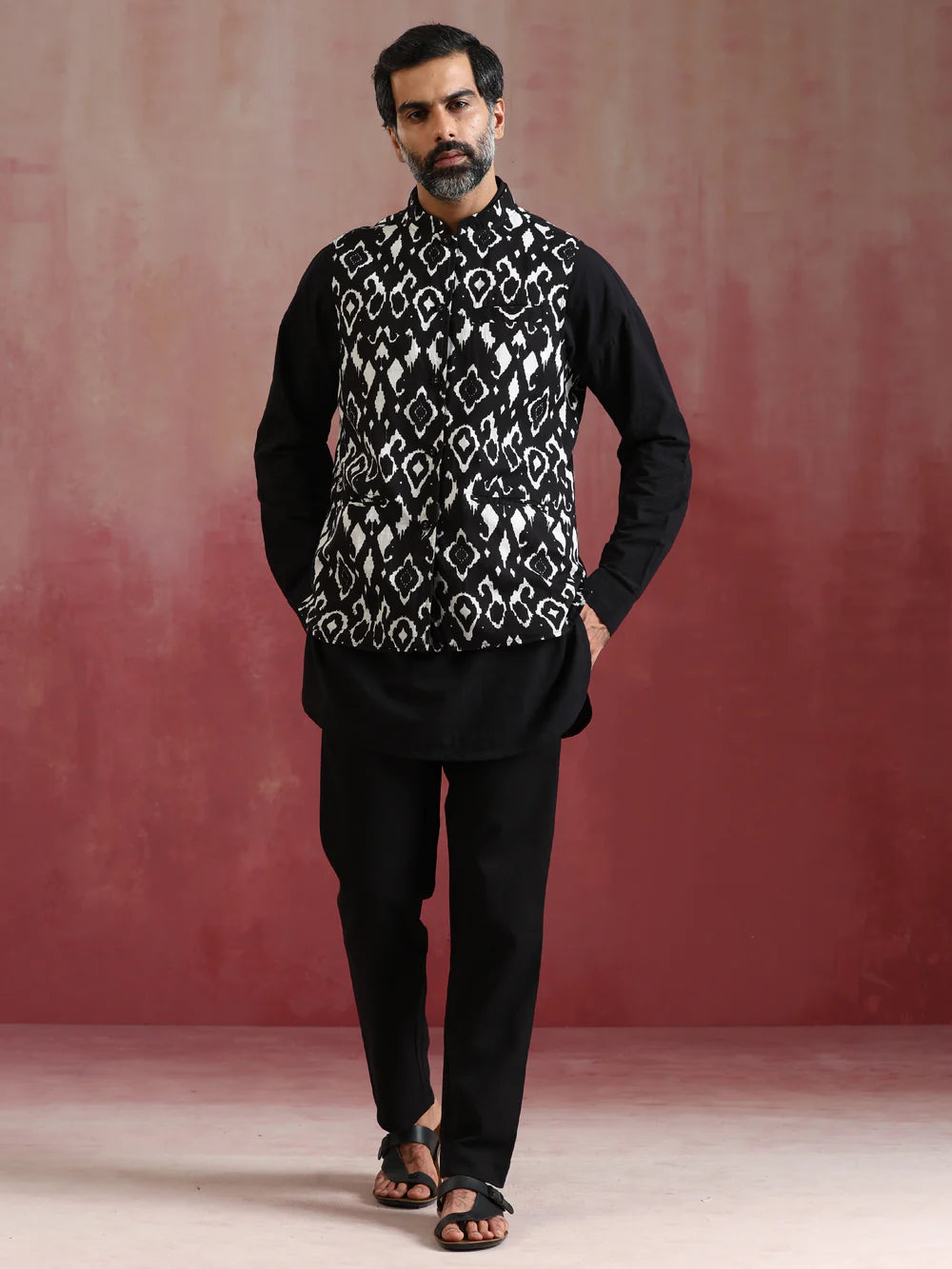 Men's Black Ikat Reversible Nehru Jacket