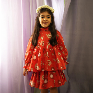 ‘Poppy patch’ girls coord set in red floral print cotton