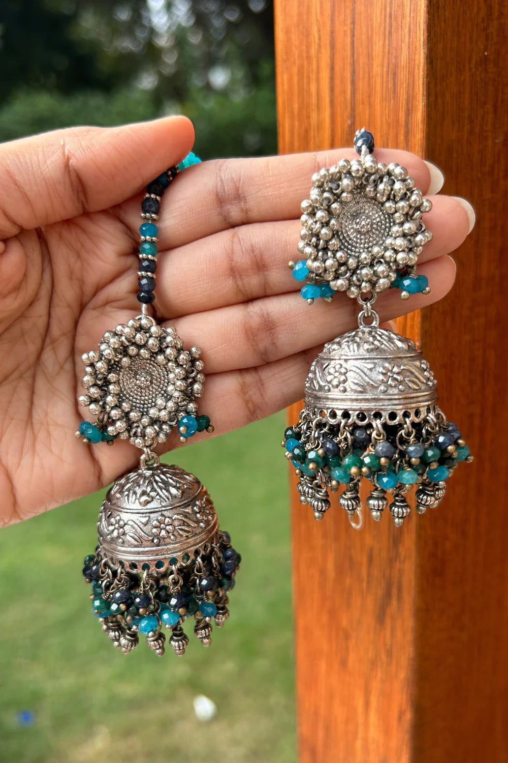 BLUE BEADS JHUMKAS WITH KAANCHAIN