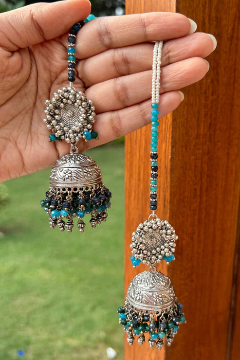 BLUE BEADS JHUMKAS WITH KAANCHAIN