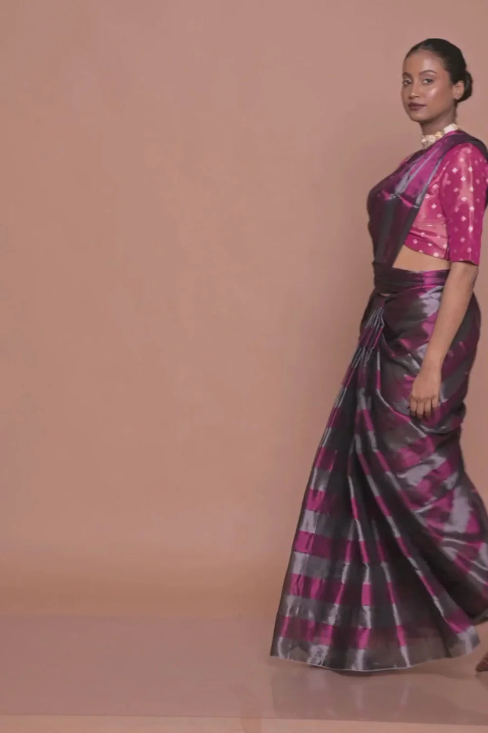 Abhilasha I Silver and Purple Striped Handloom Tissue Saree